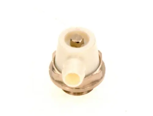 Bosch Entlüftungshahn mit einem weißen Kunststoffgehäuse und metallischer Basis, ausgestattet mit einem Schlauchanschluss.